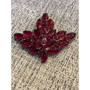 Vintage Red Glass Navette Leaf Brooch